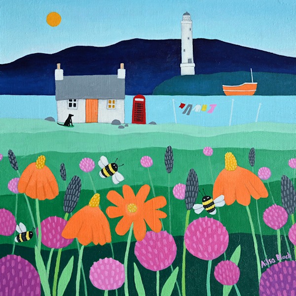 A coastal wildflower painting with bees and a country cottage with the sea and a lighthouse