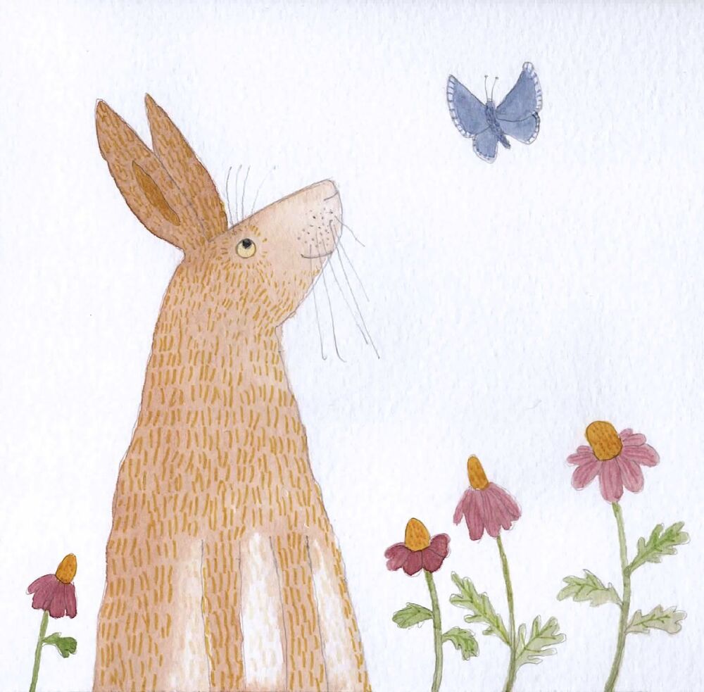 Blue Butterfly and a Hare Watercolour Painting