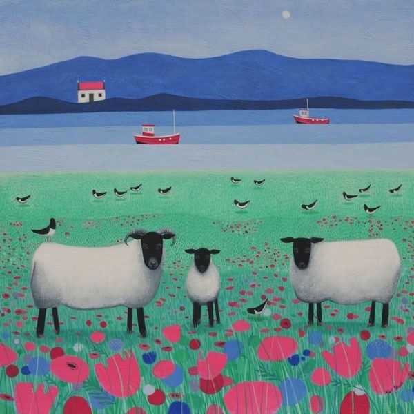 black faced sheep graze by the sea in this painting from scottish artist ailsa black