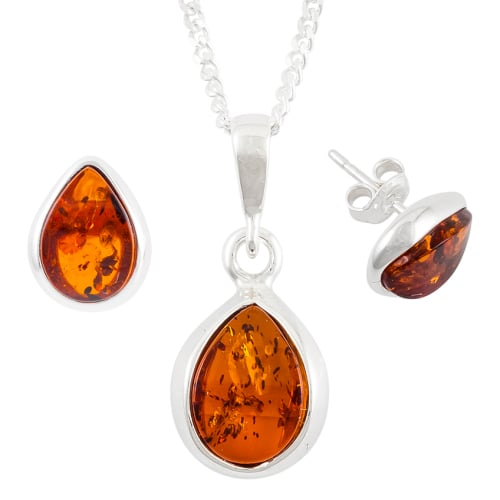 Tear Drop Cognac Amber Sterling Silver Pendant and Stud Earrings