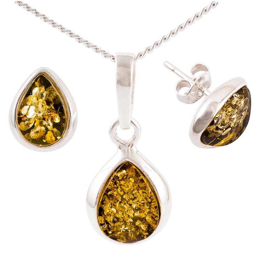 Tear Drop Green Amber Sterling Silver Pendant and Stud Earrings