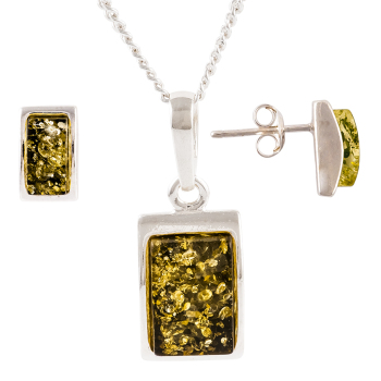 Oblong Green Amber Sterling Silver Pendant and Stud Earrings