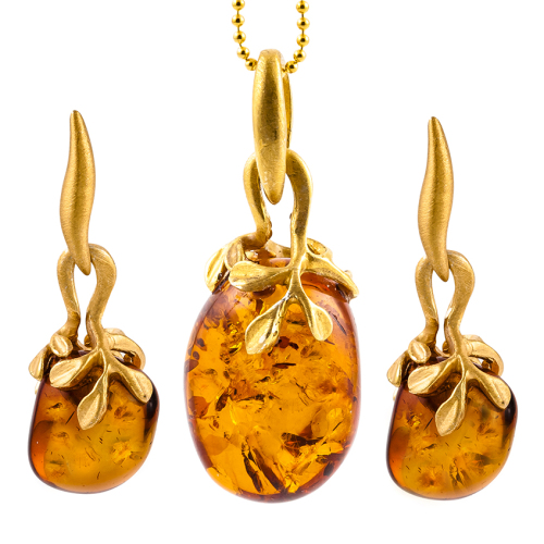 Hand Cut Pebble Cognac Amber Pendant and Drop Stud Earrings