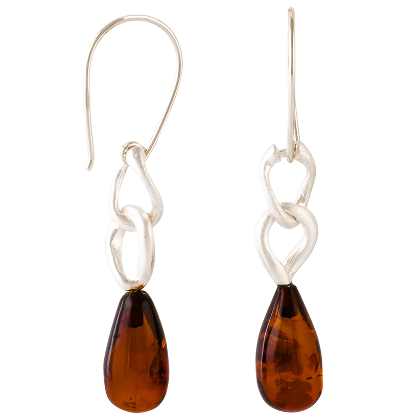Cognac Amber & Matt Sterling Silver Link Drop Hook Earrings