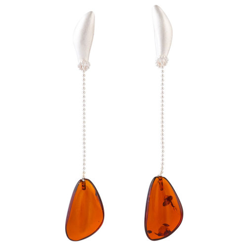 Cognac Amber & Matt Sterling Silver Bead Chain Drop Stud Earrings