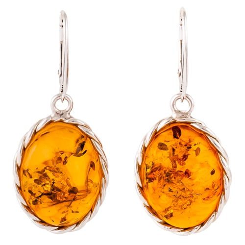 Cognac Amber and Plaited Sterling Silver Drop Earrings