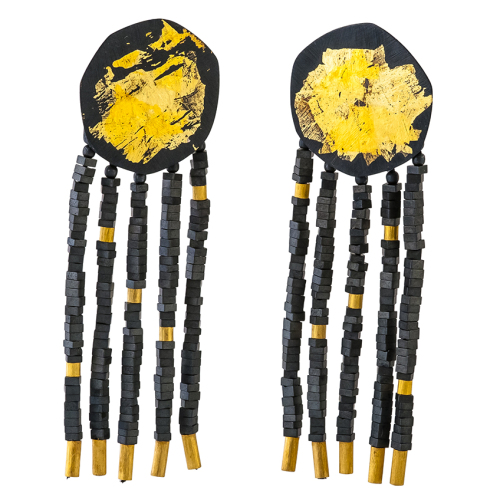 Black & Gold Heptagon Stud Earrings with Haematite Fringe