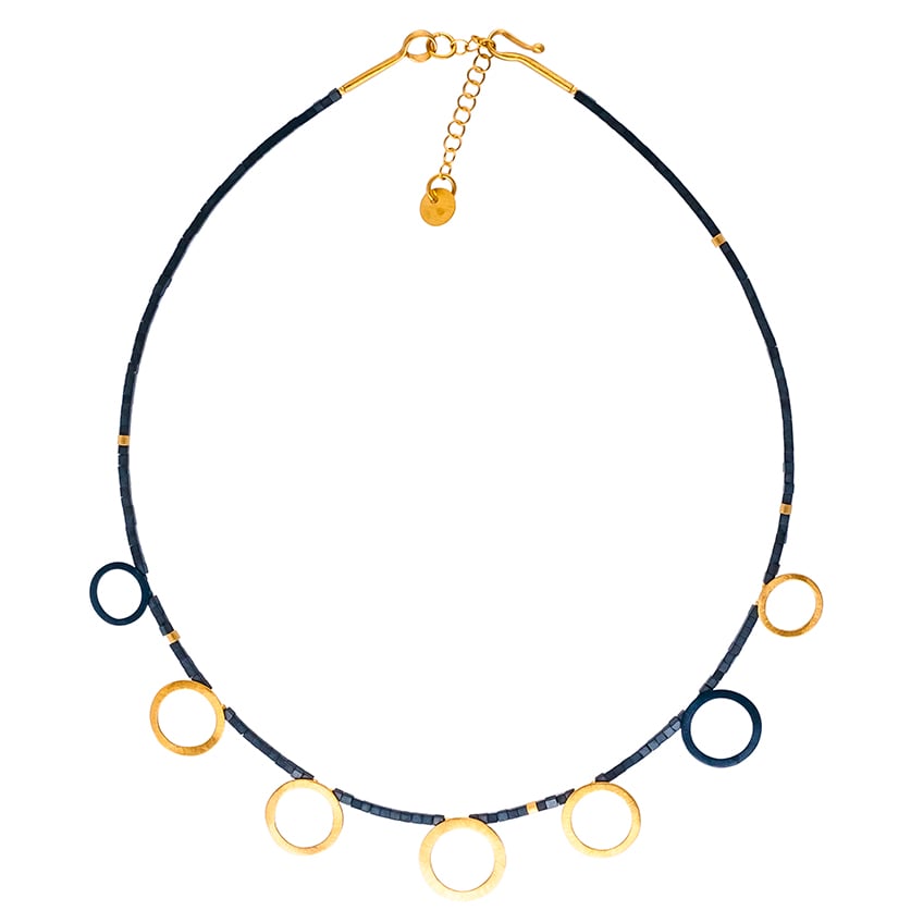 Gold & Black Circle Necklace with Haematite Stones