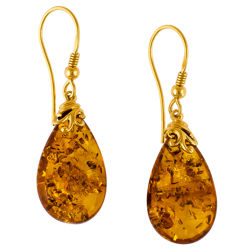 Cognac Pear Amber & Gold Drop Earrings 