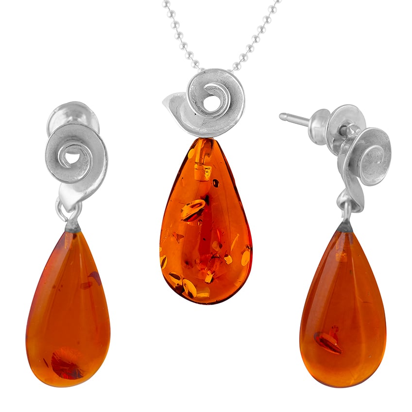 Tear Drop Cognac Amber Pendant with Shell mount and Drop Stud Earrings
