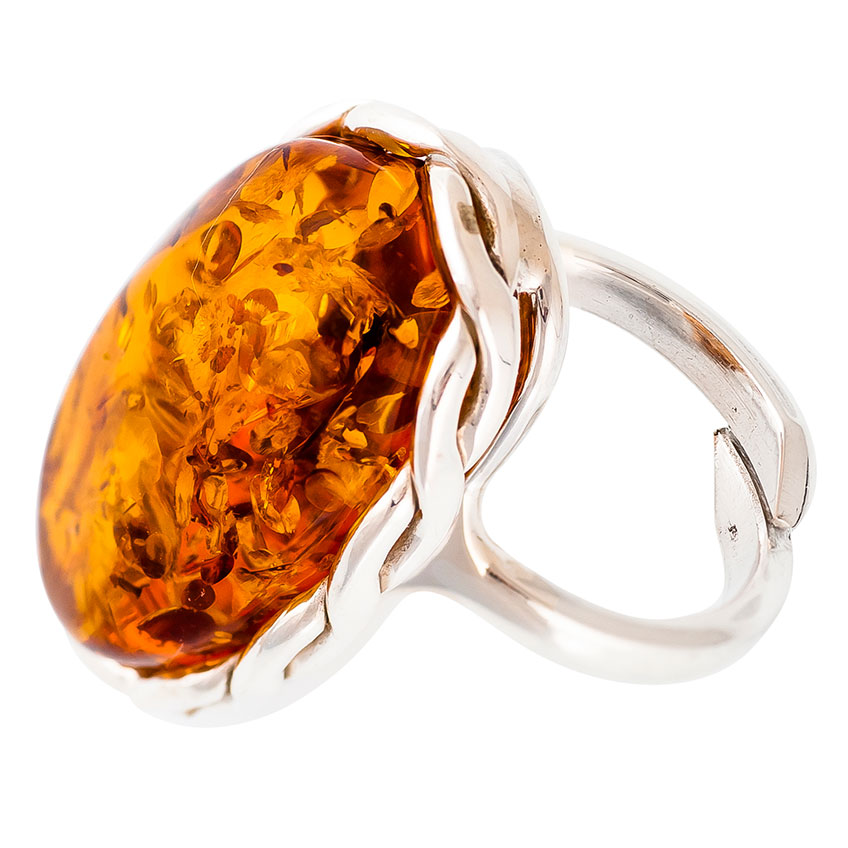 Cognac Amber & Plaited Silver Ring 