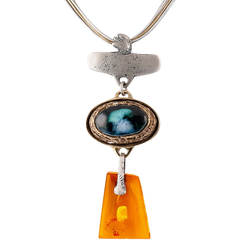 Hand painted Ceramic and Amber Necklace