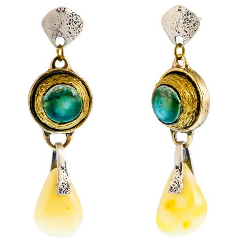 Hand-Painted Turquoise Ceramic Sphere Set in Gold with White Amber Pear Dro