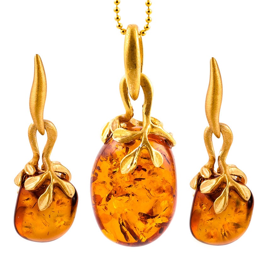 Pebble Drop Cognac Amber Pendant with Leaf Mount and Drop Stud Earrings