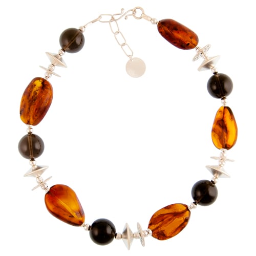 Smokey Quartz and chunky Baltic Amber and matt silver necklace