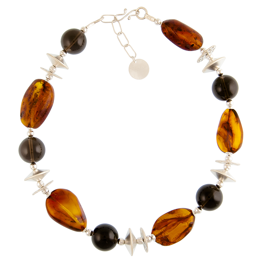 Smokey Quartz and chunky Baltic Amber and matt silver necklace