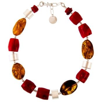 N017 - Dyed Bamboo Coral & Chunky Baltic Amber & Matt Silver Neckalce