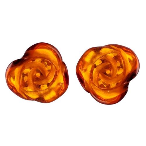 Elegant Cognac Amber Rose Shape Earrings set in Sterling Sivler