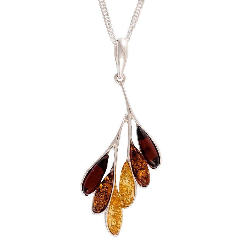 Multicolour Amber and Sterling Silver Leaf style Pendant