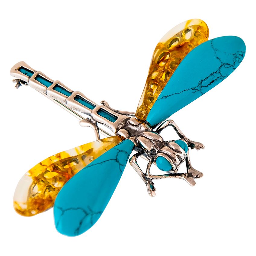 Amber and Turquoise Dragonfly Brooch