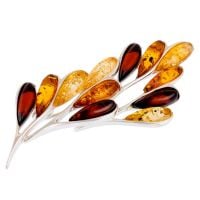 H010-Multicolour Baltic Amber and Sterling Silver Leaf Brooch