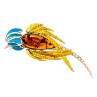 Cognac Amber, Turquoise Enamel, Cubic Zirconias Goldplated Silver Parrot Broach
