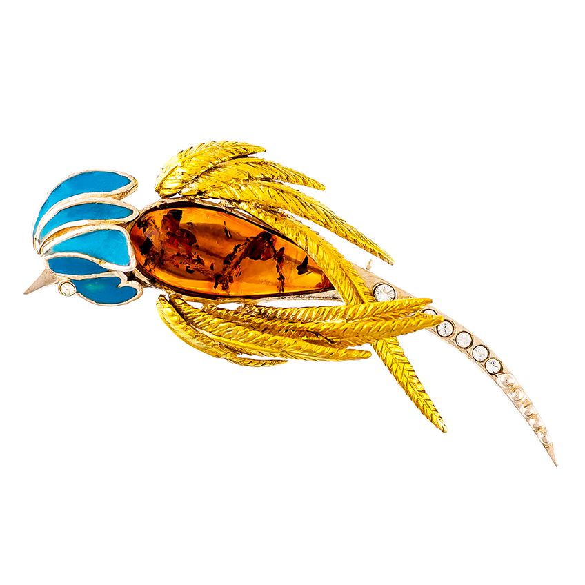 Cognac Amber, Turquoise Enamel, Cubic Zirconias Goldplated Silver Parrot Broach