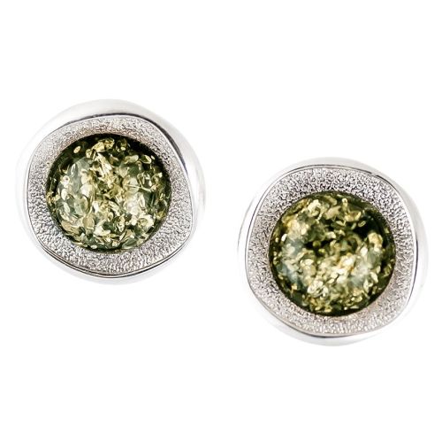 Green Round Amber and Textured Sterling Silver Stud Earrings