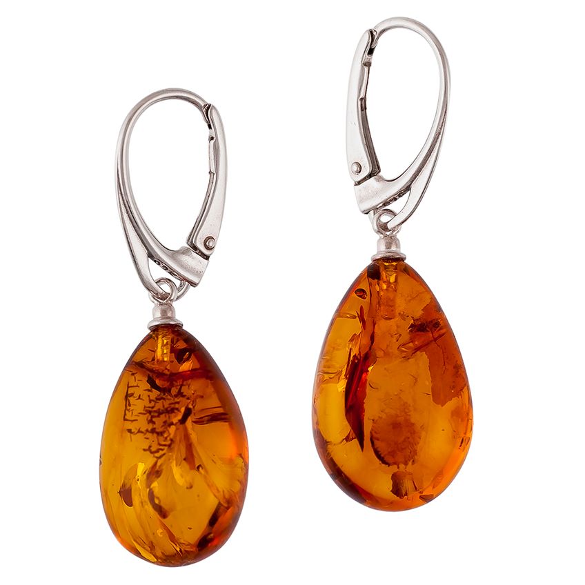 Cognac Amber Pear shape drop earrings with sterling silver safety fittings