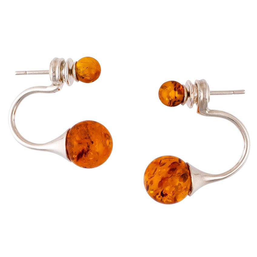 Cognac Amber Double Beads Silver Stud Earrings