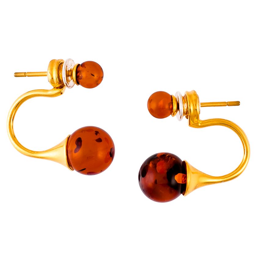 Cognac Amber Double Beads Goldplated silver stud earrings