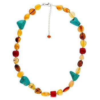 Multicolour Amber, Dyed Turquoise Howlite and Bamboo Coral Necklace