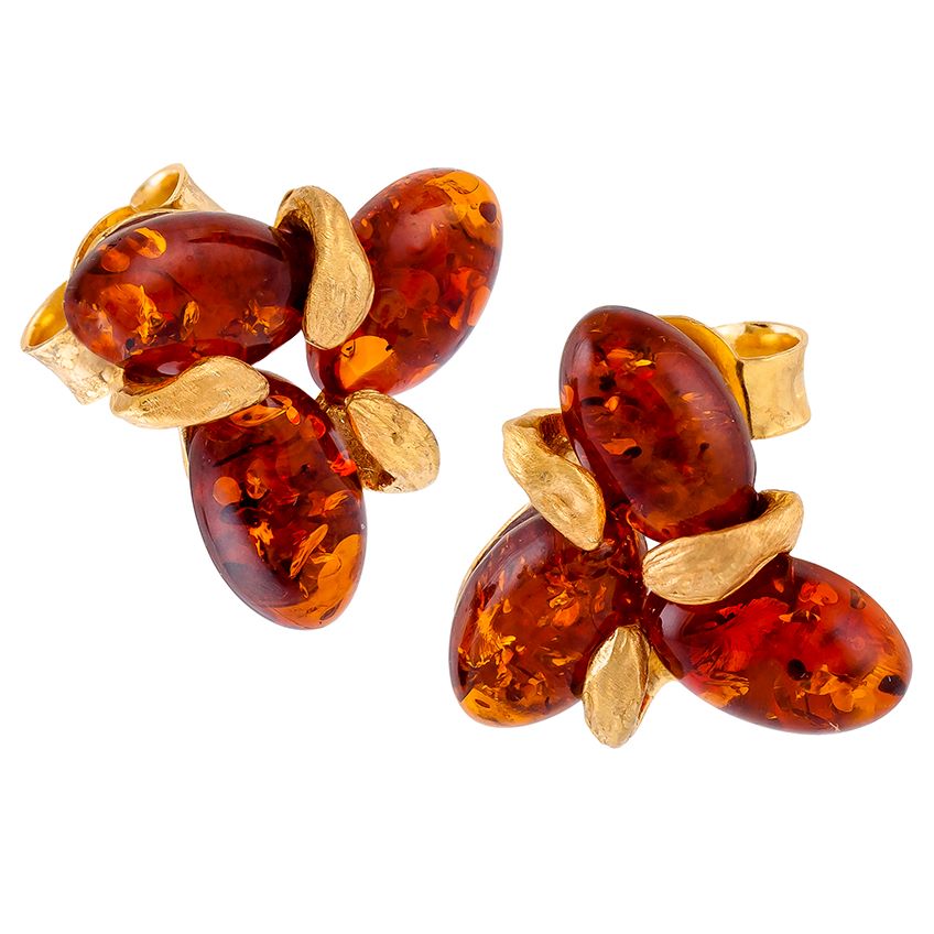 Cognac Amber & Goldplated Tri-petal Flower Stud Earrings