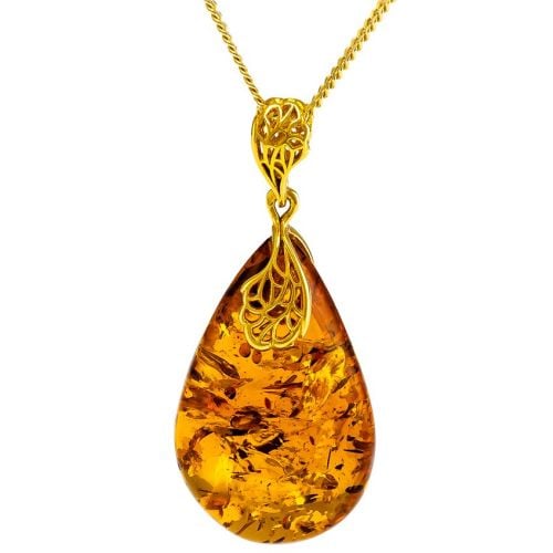 Cognac Amber Gold Plated Silver Pendant