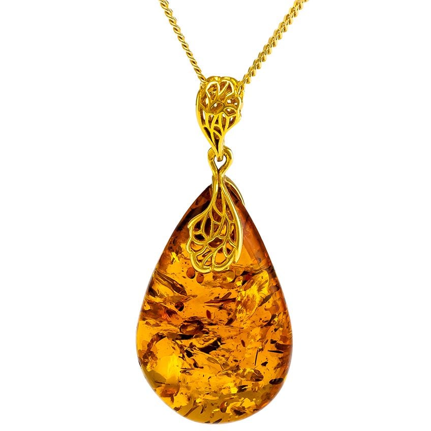 Cognac Amber Gold Plated Silver Pendant