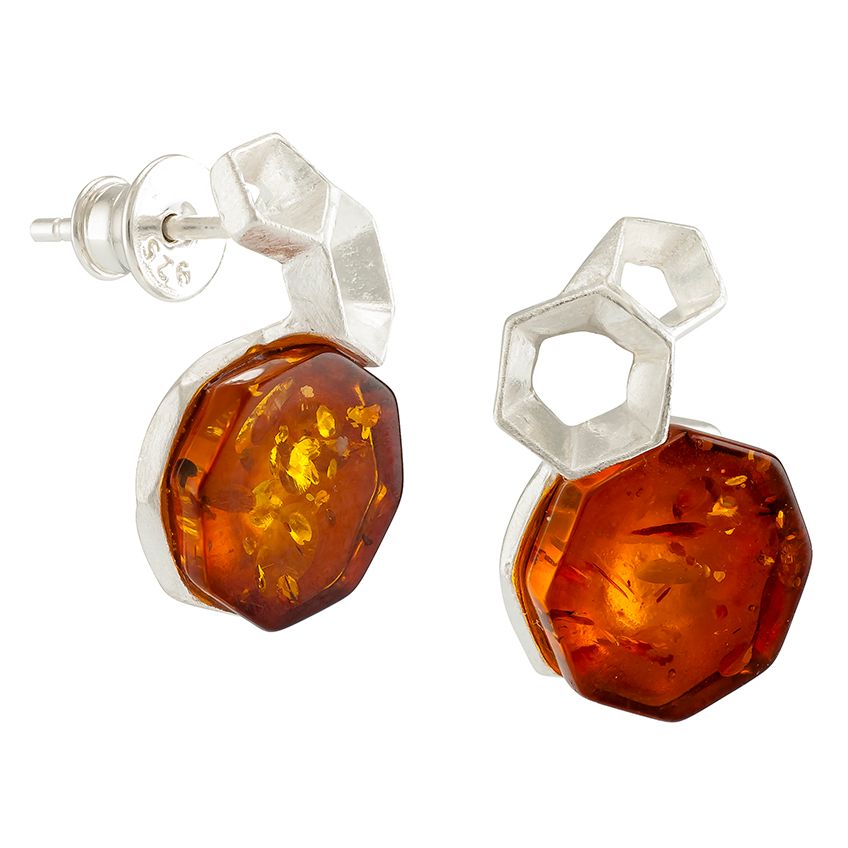 Hexagonal Cognac Amber Matt Silver Earrings