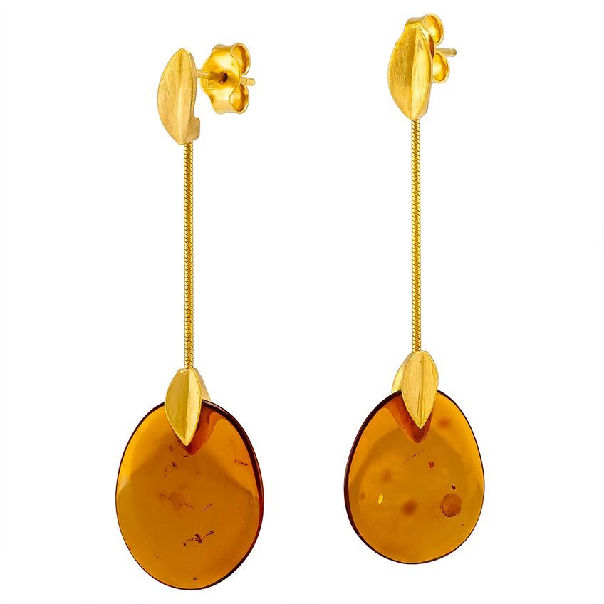  Cognac Amber Gold Plated Silver Earrings