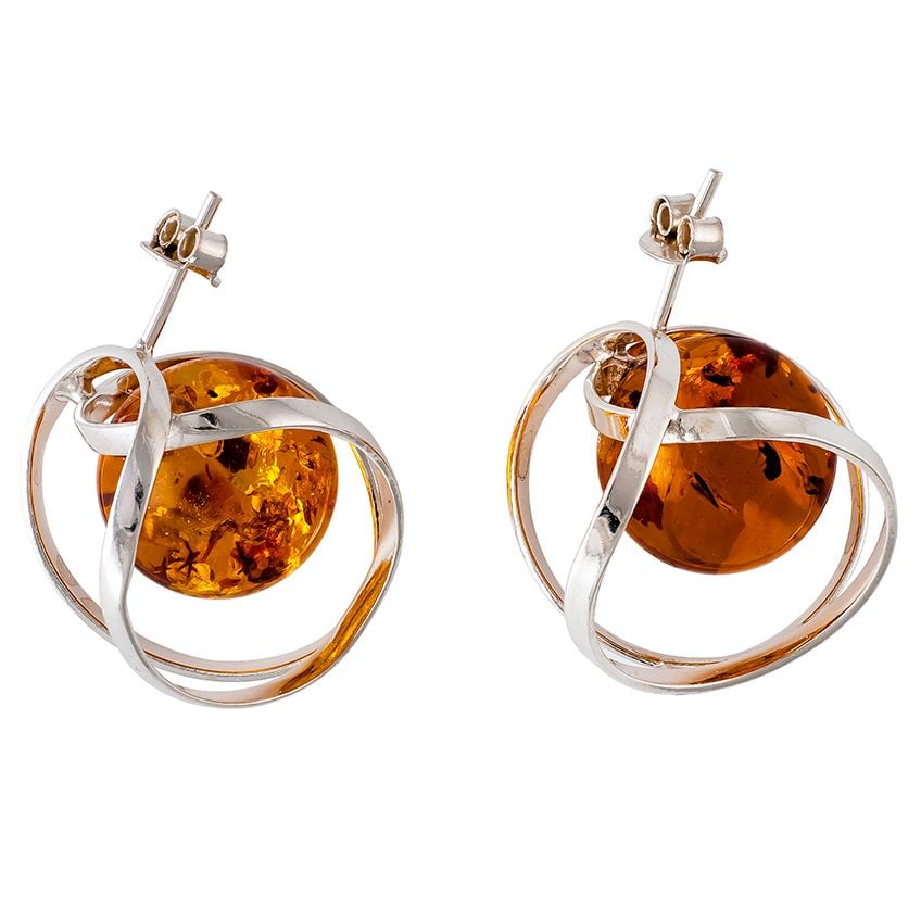Orb style silver and Cognac Amber Earrings