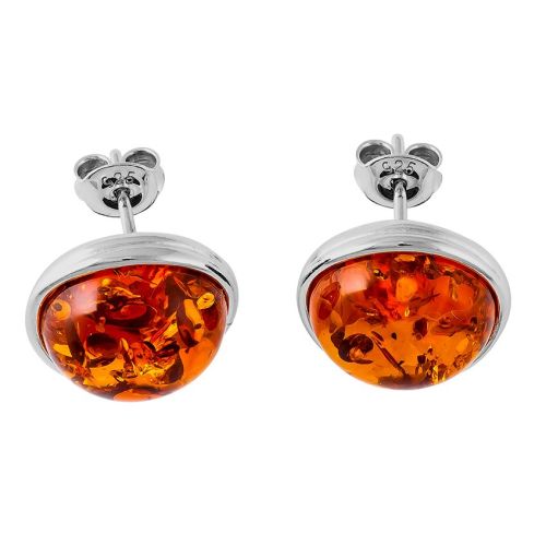 Round Cognac Batic Amber Silver Stud Earrings