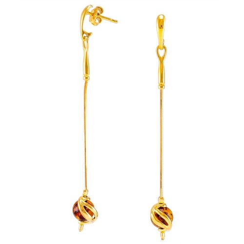 Cognac Amber Ball and Gold Plated Drop Earrings