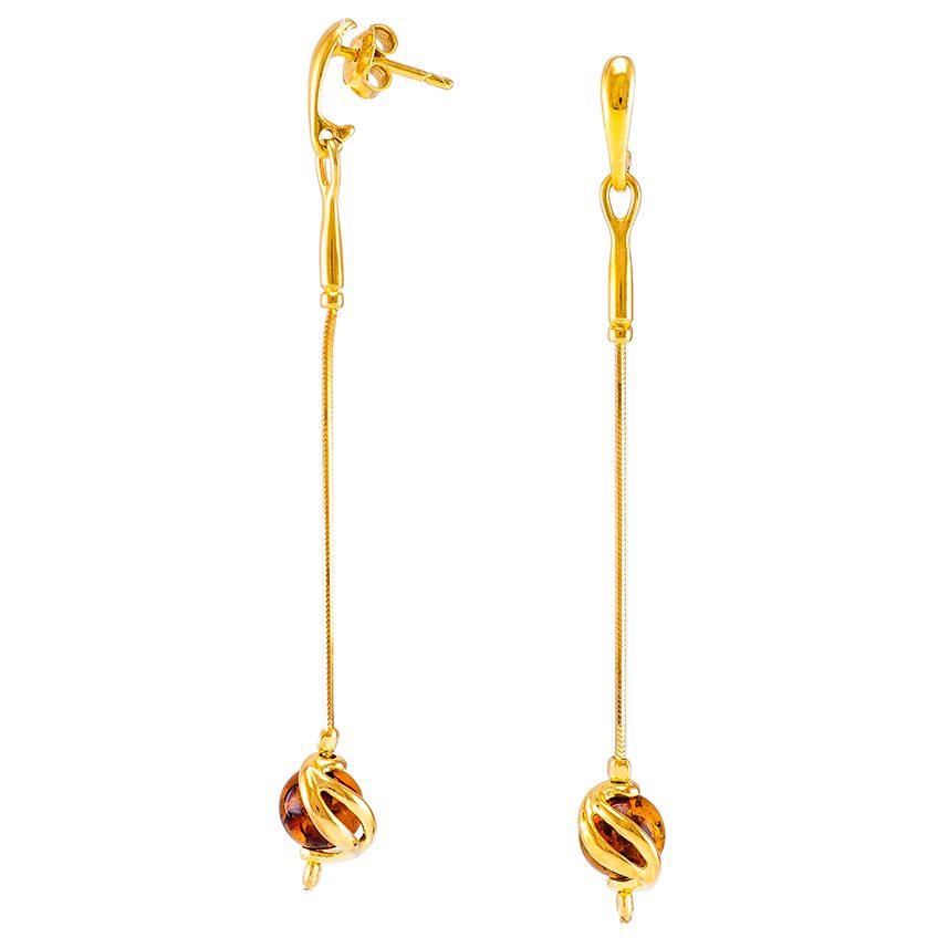 Cognac Amber Ball and Gold Plated Drop Earrings