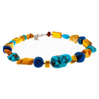 N026-Baltic Amber, Arizona Turquoise and Lapis Lazuli Necklace