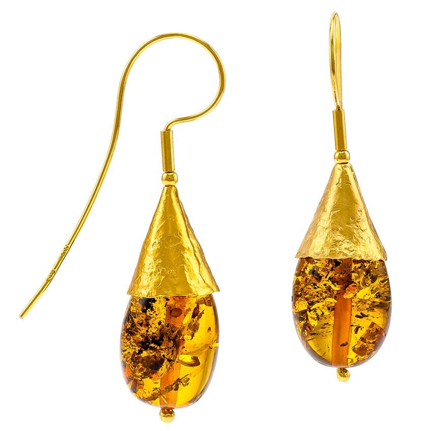 Baltic Amber Gold plated cone drop earrings.