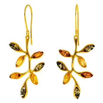 E079-Multicolour Amber  Goldplated Silver Leaf Drop Earrings.