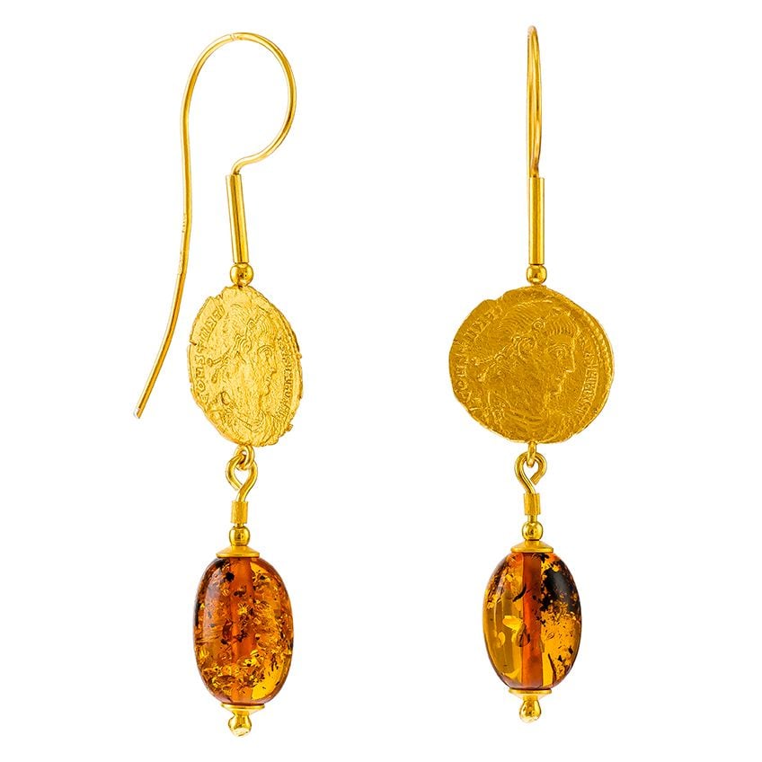E081-Cognac Amber, Gold plated Silver Ancient Coin earrings