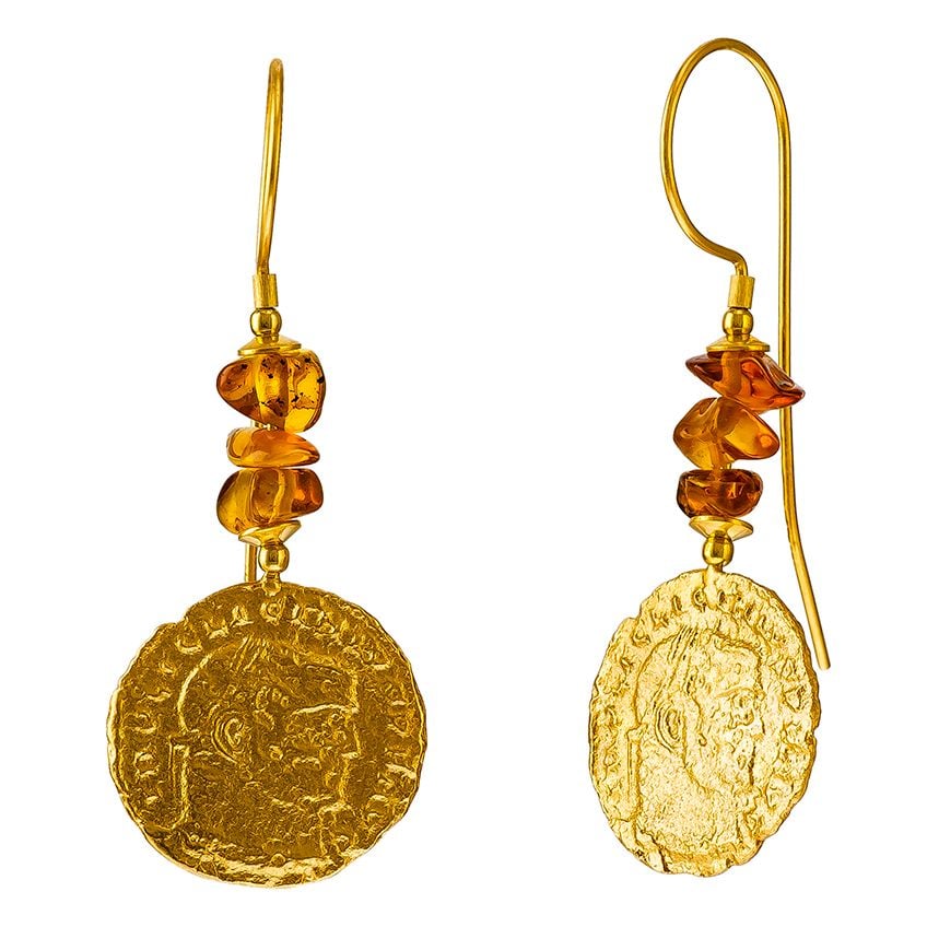 E082-Cognac Amber, Gold plated Silver Ancient Coin earrings