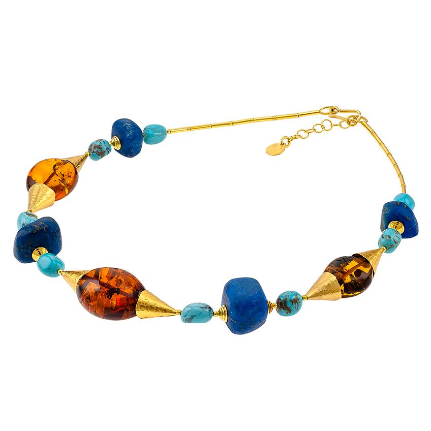 N027-Amber, Lapis Lazuli, Turquoise Necklace.