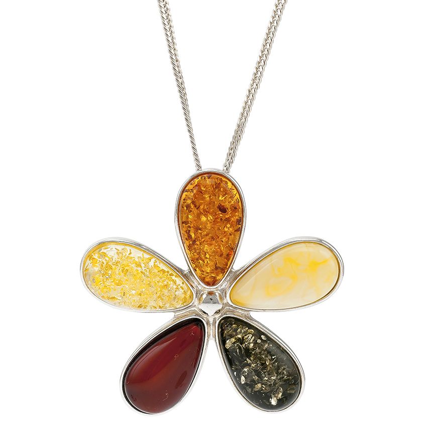P058-Multicolour Amber Silver Daisy Pendant