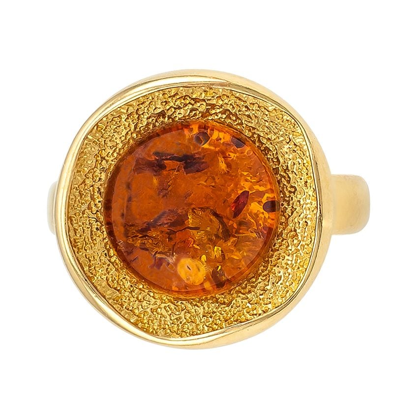 R009-M-Round Cognac Amber Goldplated Sivler Ring