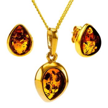 Z009-Cognac amber gold-plated tear drop pendant and stud earring gift set.